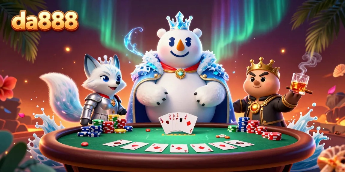 Experience the thrill of poker at da888 with the ice king and fox in an enchanting scene.