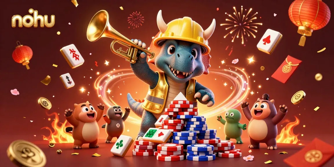 Nohu showcases a triceratops joyfully building a poker chip pyramid amid festive casino elements.