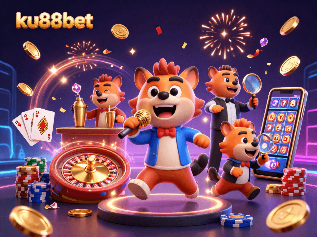ku88bet hyena characters perform comedy in a vibrant casino scene with swirling coins and luxurious casino elements.