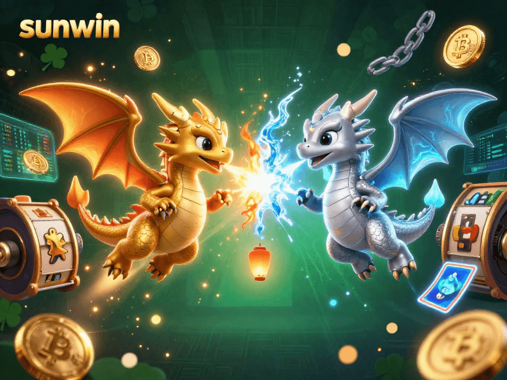 Players experience the excitement of sunwin's dynamic slot games with intertwined dragons and crypto elements.