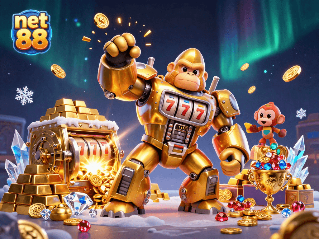 Get ready to spin and win with net 88 in this dynamic slot game illustration featuring a golden gorilla mech.