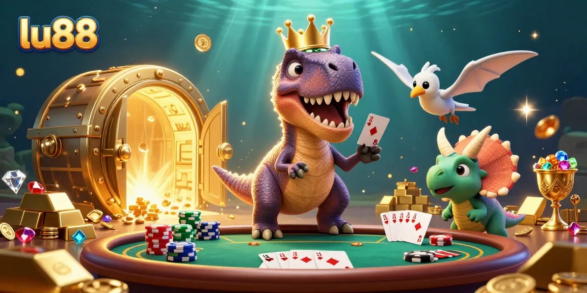 Experience the excitement of lu88 with friendly characters around a poker table stacking chips and playing cards.