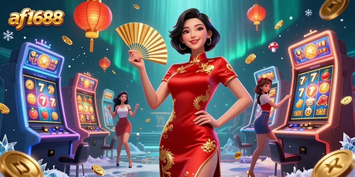 Experience exciting wins at af1688 with vibrant slot machines, gold coins, and a radiant casino atmosphere.