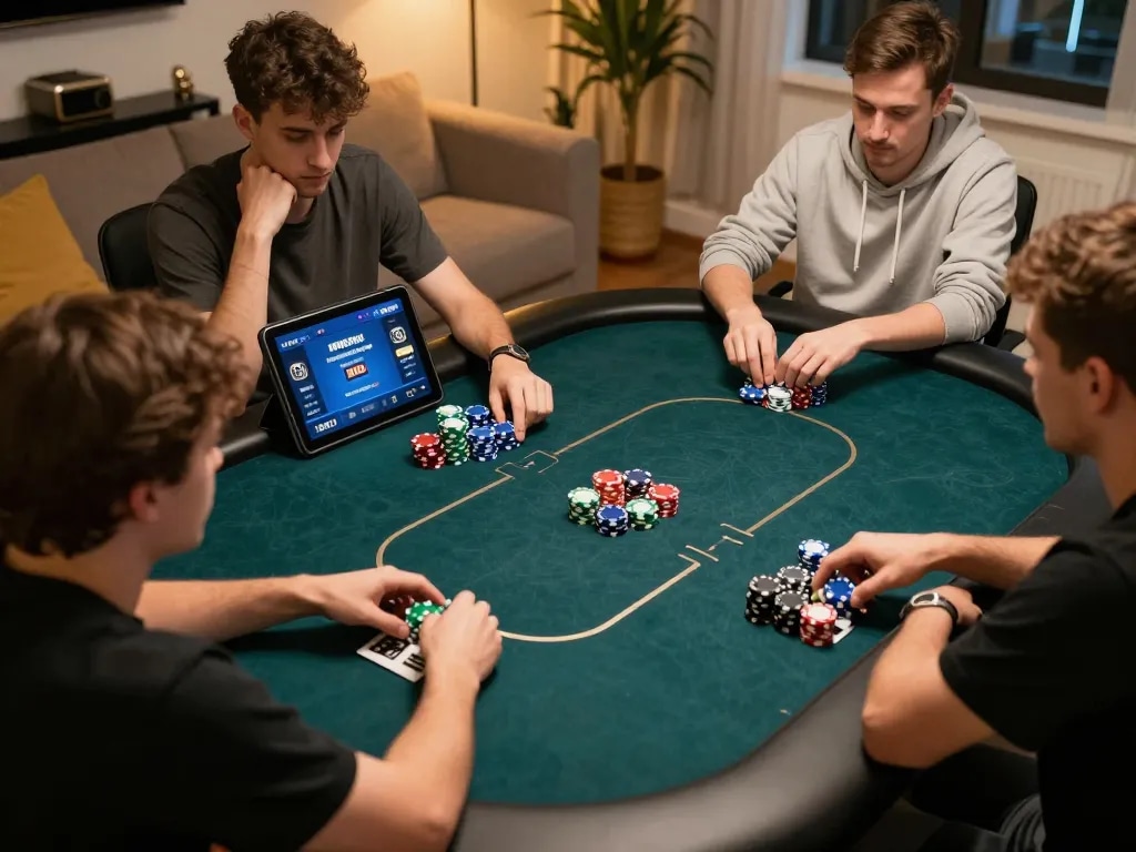 Players enjoying idn poker dominobet on tablets in a cozy home gaming setup.