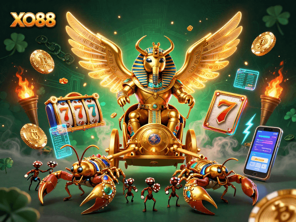 Engage with XO88's thrilling gaming experience through vibrant slot reels and golden characters.