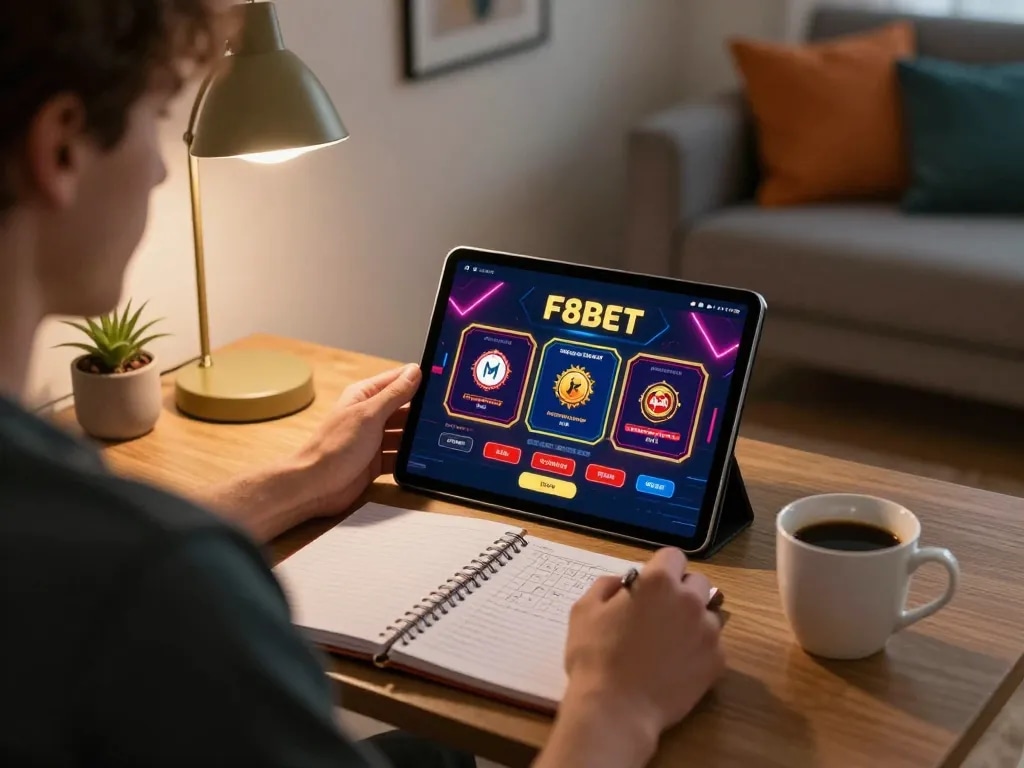 Engaging in online gameplay at F8bet, player viewing casino app with strategy notes beside.