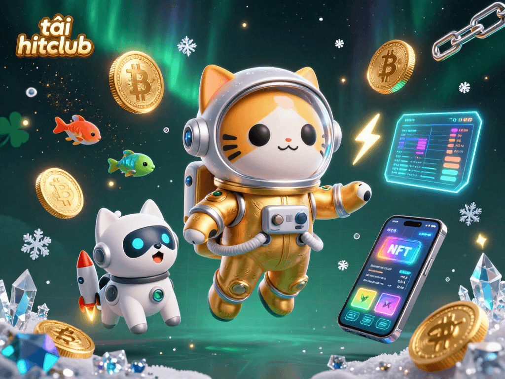Engage with tải hitclub in an exciting casino-themed 3D illustration showcasing a floating astronaut cat and its robotic dog.