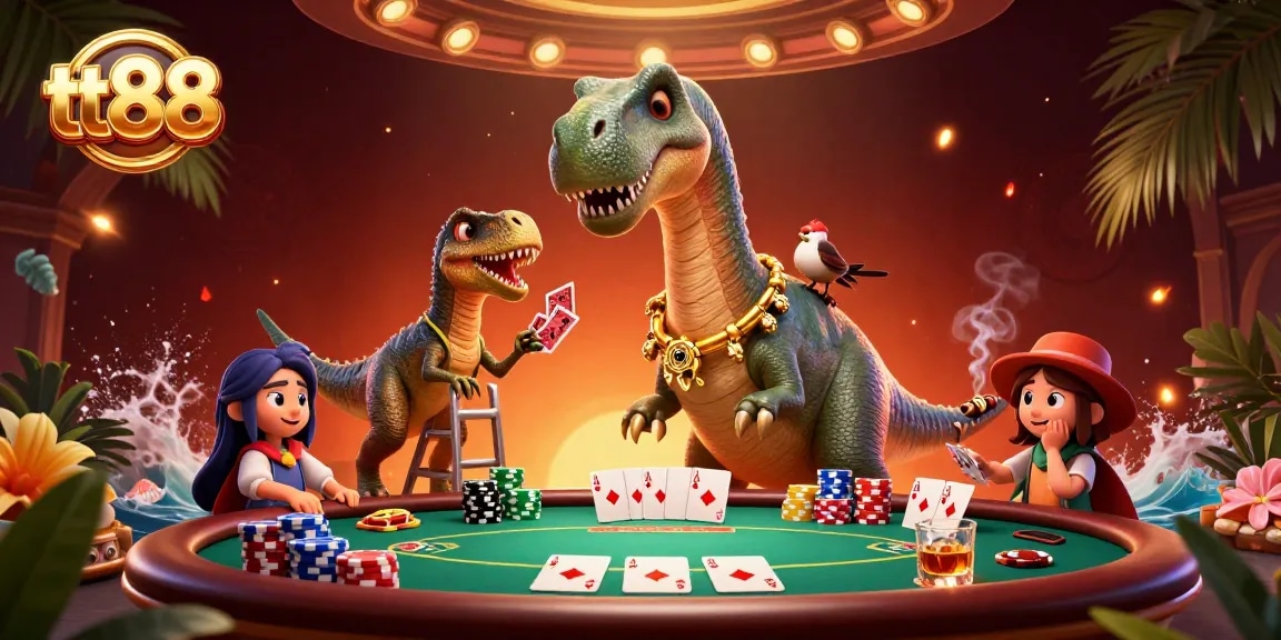 Watch tt88's engaging casino scene where a cartoon brontosaurus oversees a lively poker game with a clever raptor dealer.