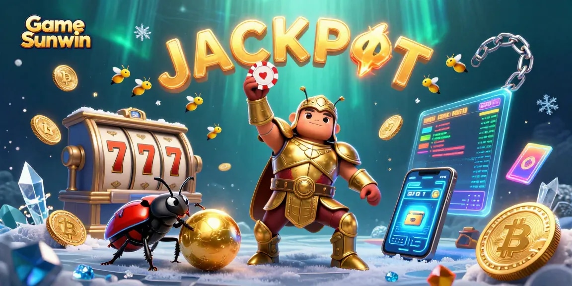 Spin to win with Game Sunwin in this vibrant 3D digital illustration featuring a victorious beetle and jackpot elements.