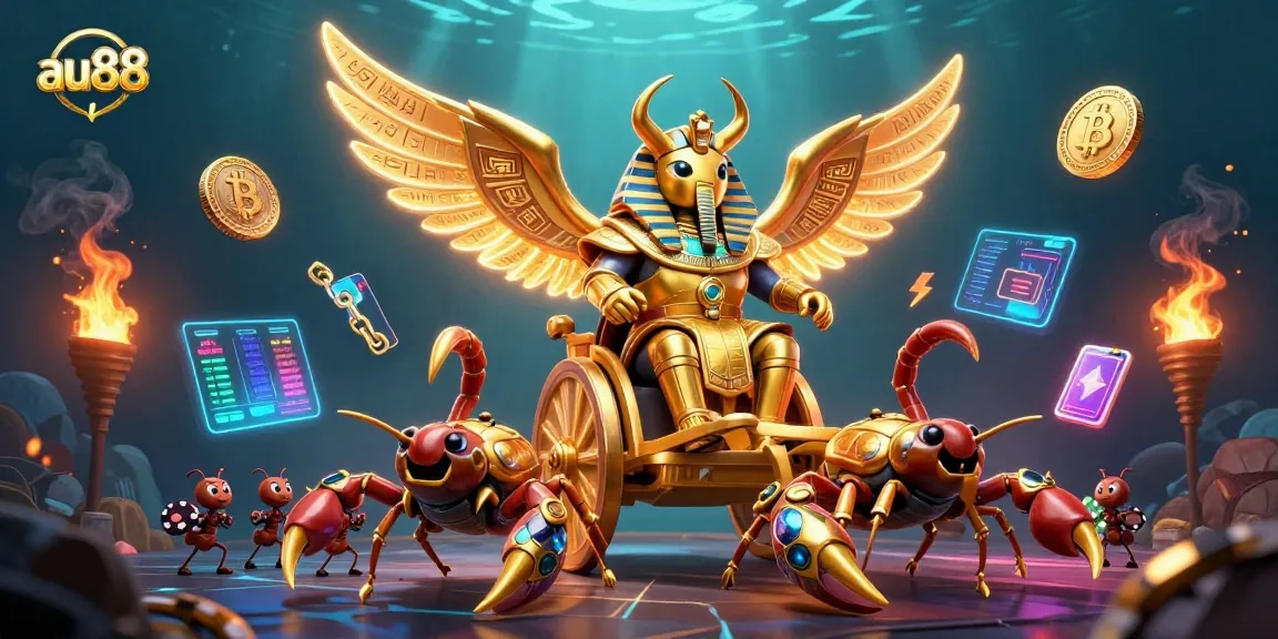 Join the exciting adventure at AU88 with a golden scarab beetle leading a chariot amid crypto-themed elements.