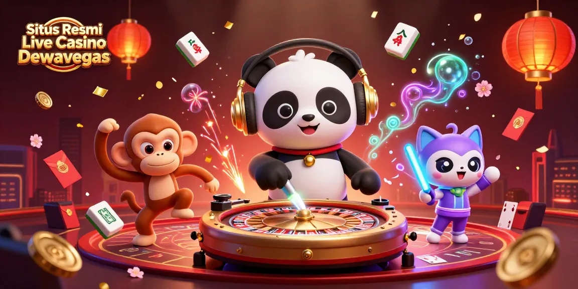 Situs Resmi Live Casino Dewavegas showcases a vibrant 3D casino party with animated characters and dynamic casino elements.