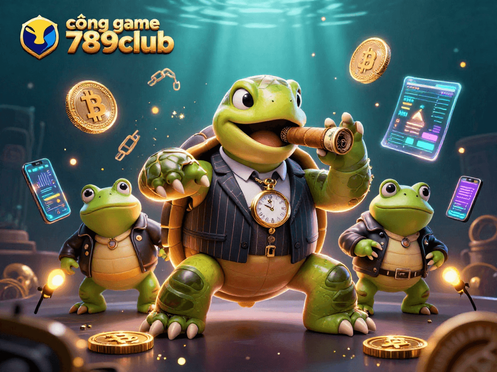 Engage with the vibrant scene of cổng game 789club as a snapping turtle mobster leads the way amidst digital gambling elements.