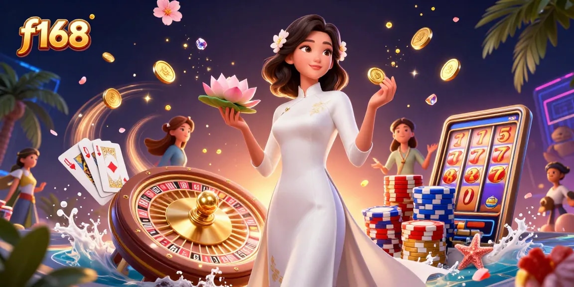 Experience elite gambling with f168 in a vibrant casino scene featuring games and winning elements.