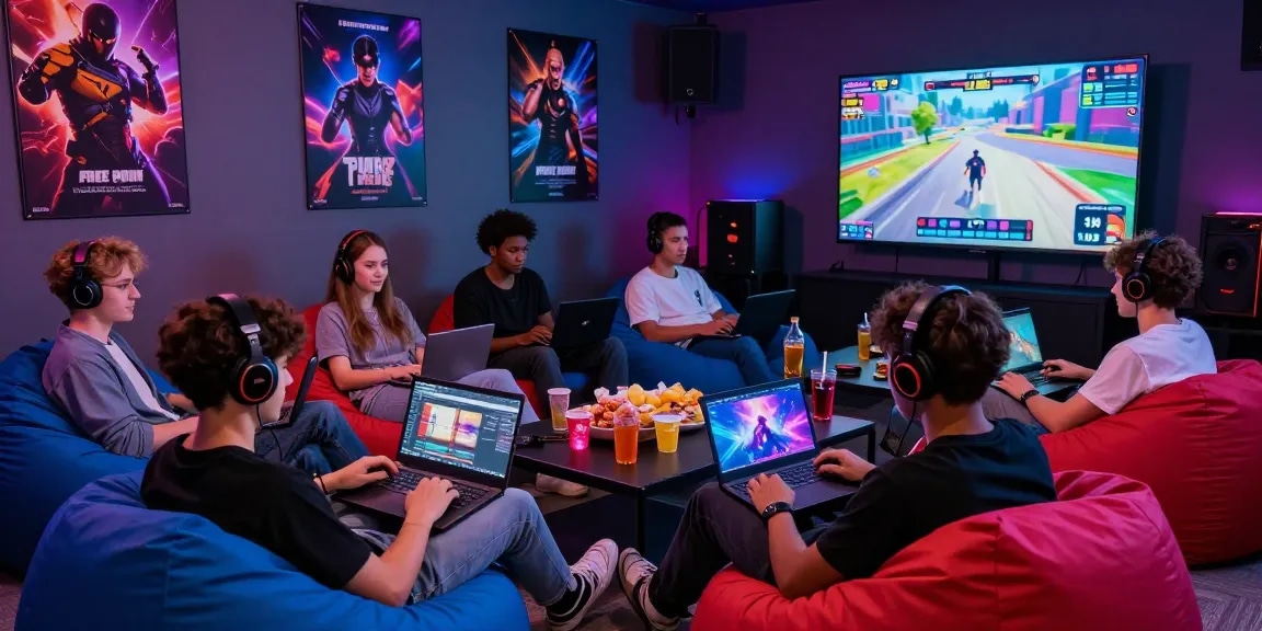 Group enjoying a free porn game in a vibrant gaming lounge