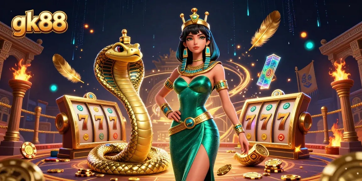 Engage in excitement with gk88 as a stunning casino scene showcases a captivating woman in an emerald gown alongside a golden cobra.