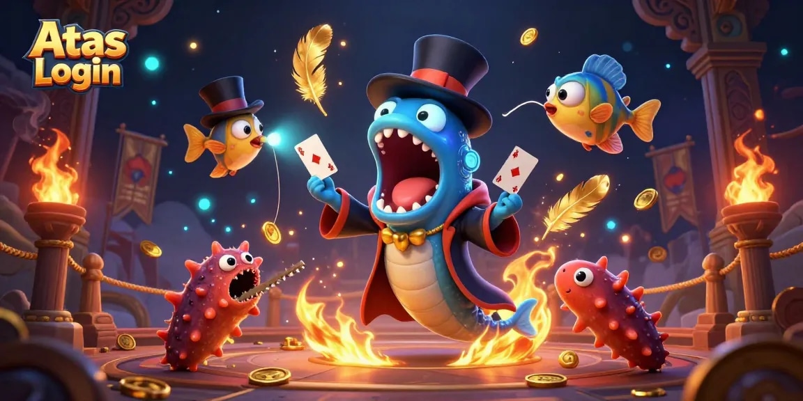 Atas Login provides secure access as the gulper eel performs card tricks, with vivid casino-themed magic elements.