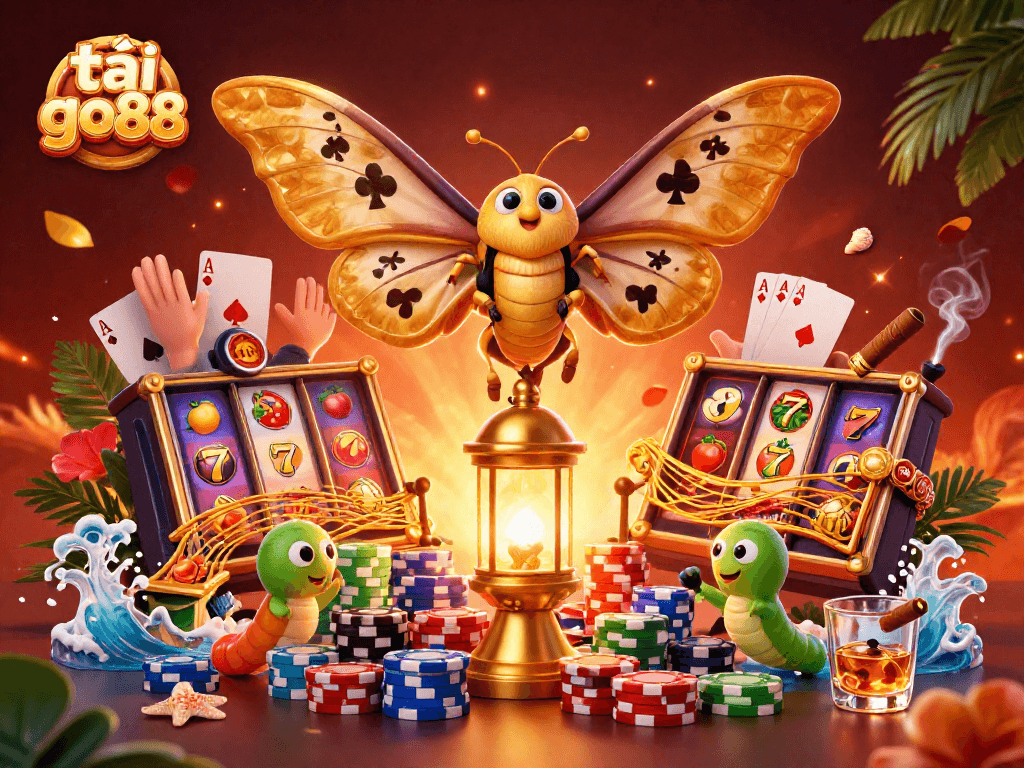 Play and win with tải go88 as a golden moth illuminates vibrant slots and poker elements in a 3D casino