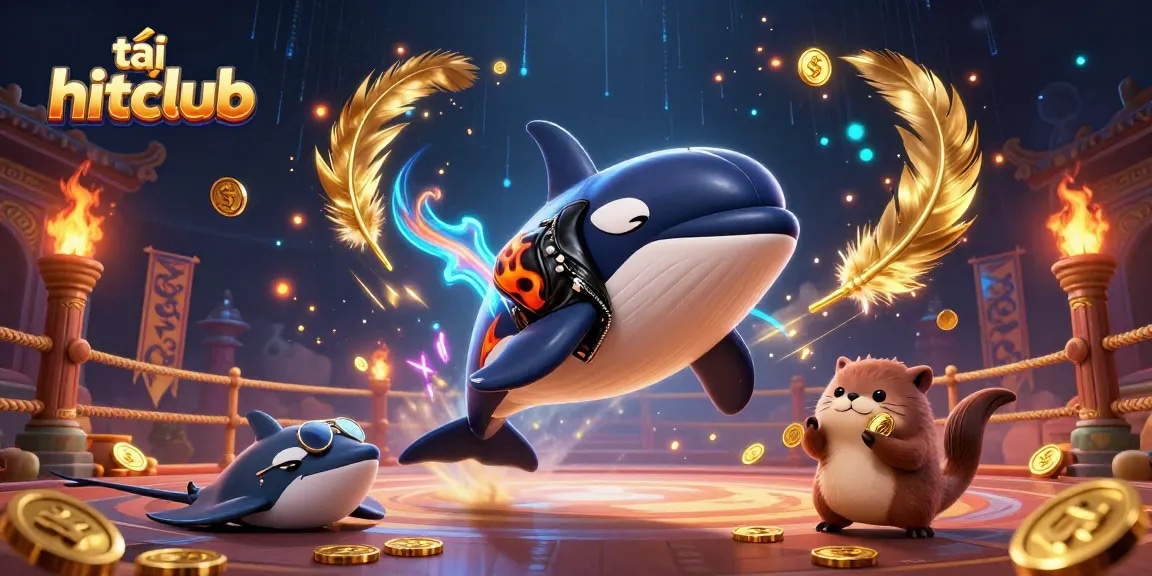 Tải hitclub to enjoy games with vibrant sea creatures holding coins, amidst a lively casino scene.