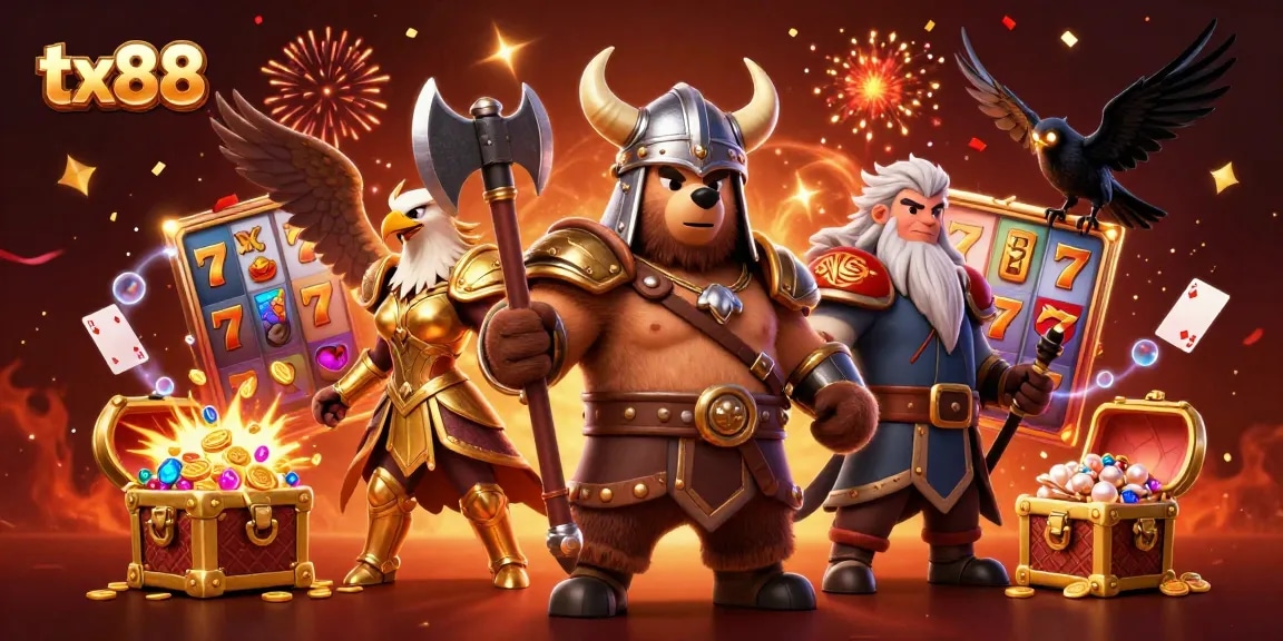 Engage with tx88's thrilling online casino experience featuring immersive 3D Viking and Valkyrie illustrations.