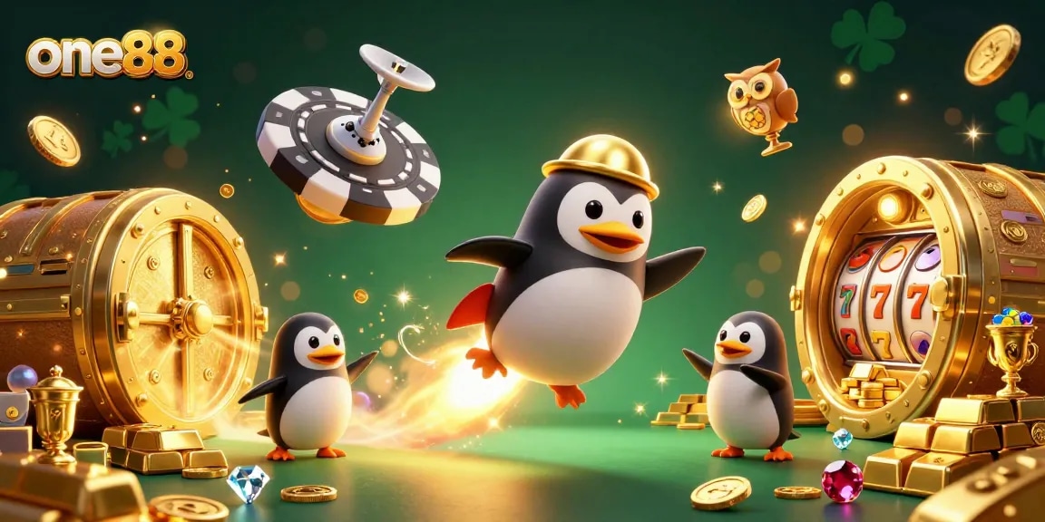 Experience the excitement of one88 with a thrilling illustration of a penguin and glowing treasures bursting forth.