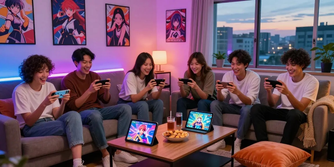 Engaged friends enjoying mobile hentai games in a cozy living room with anime decor.