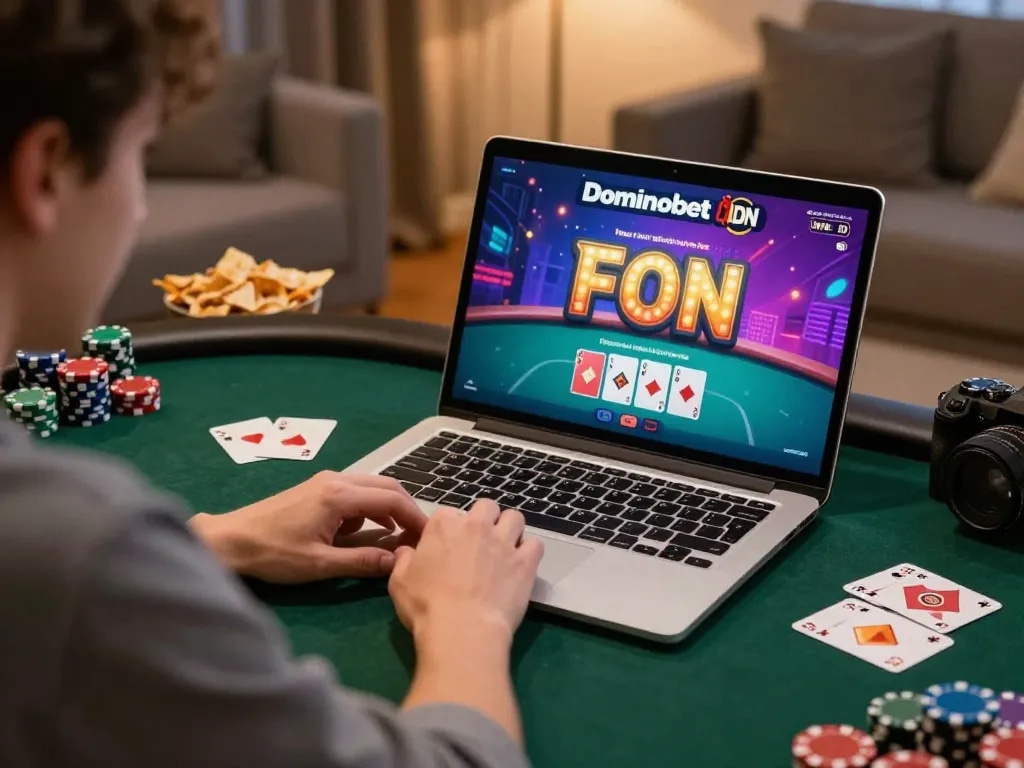 Engaged player enjoying Dominobet IDN Poker on a laptop in a cozy home setting, highlighting strategic gameplay.