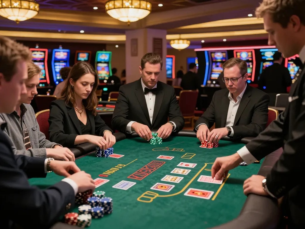 cm88 players engaging at lively blackjack table with colorful chips and cards