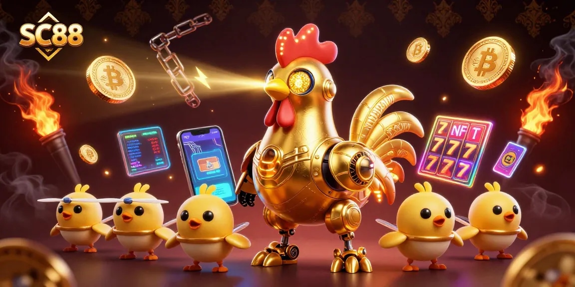 SC88 casino illustration featuring a golden rooster robot and baby chick drones amidst dynamic slot game elements.