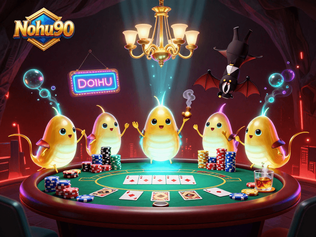 Nohu90 illuminates an exciting cave casino scene with colorful poker elements and a bat dealer.