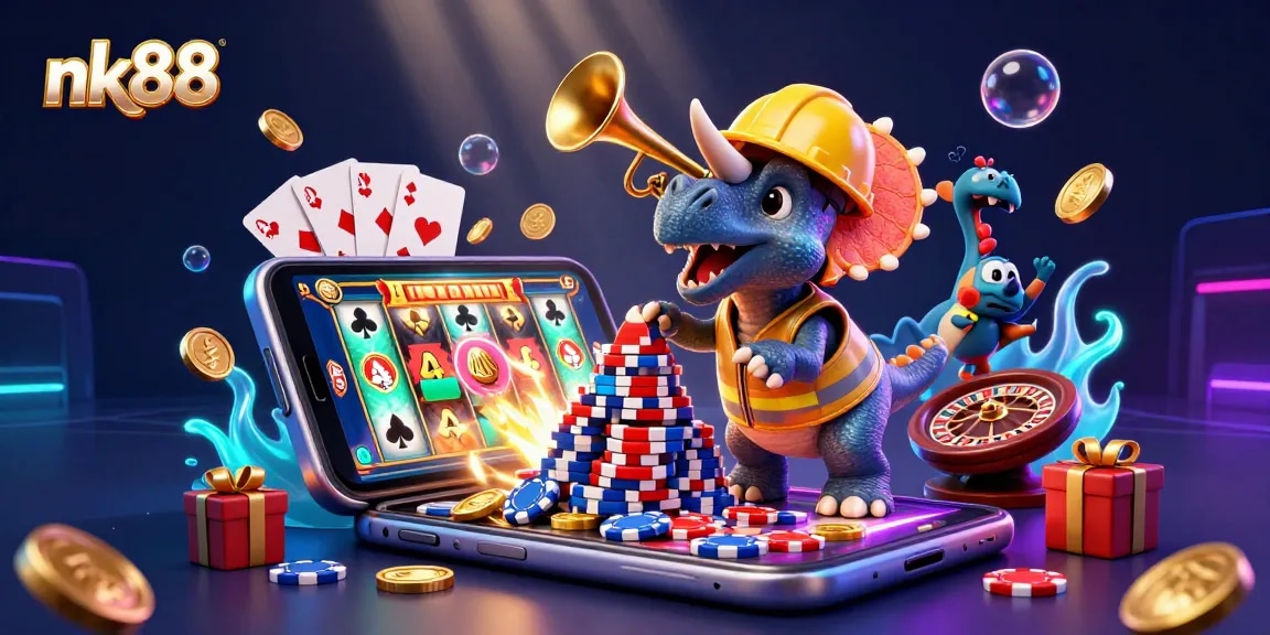 Experience the fun and excitement of nk88 casino gaming with vibrant characters celebrating over poker chips and slot games.