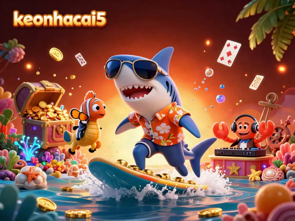 Engage with keonhacai5 as the hammer-head shark surfs on gold coins, embodying high-stakes casino excitement.