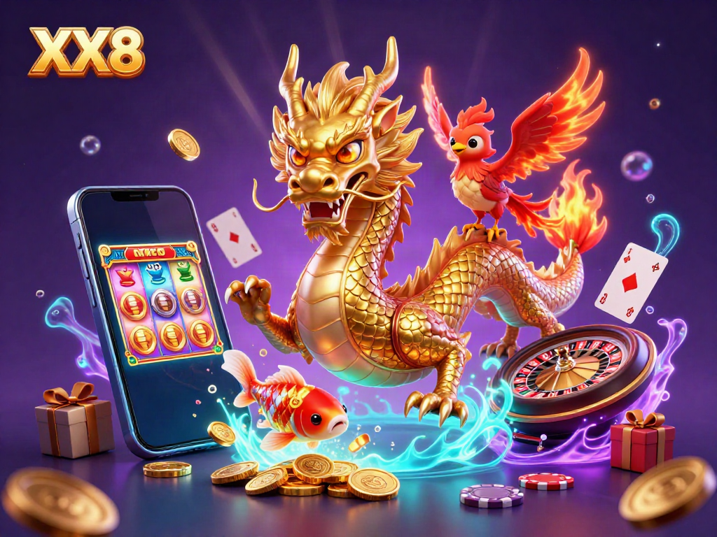 Experience thrilling casino games with XX8, featuring a vibrant scene with a dragon, phoenix, and koi fish.