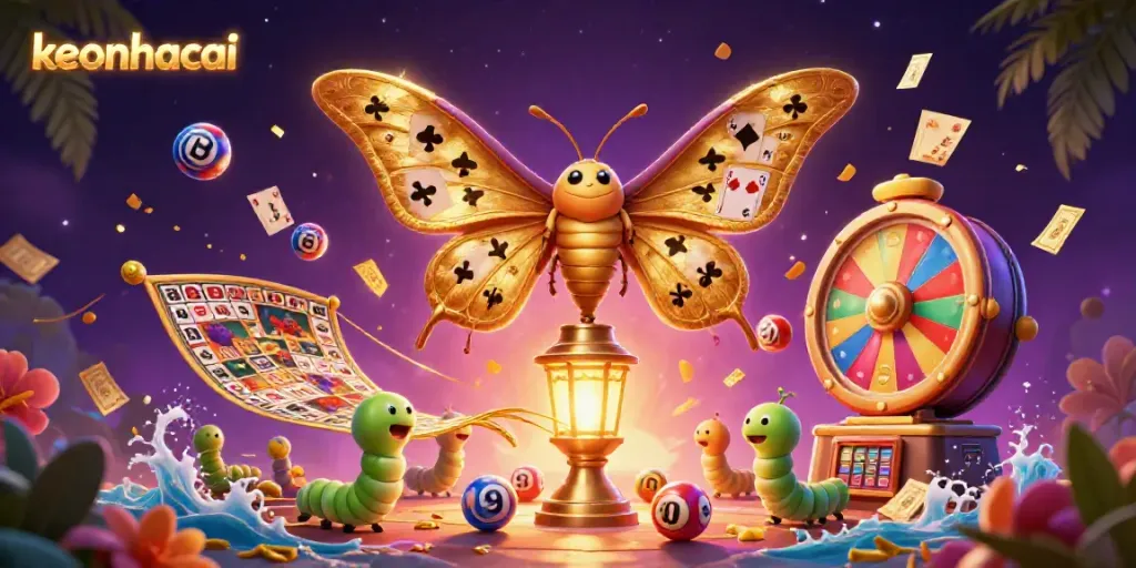 Engage with the keonhacai experience as vibrant lottery balls soar around a golden moth symbolizing luck.