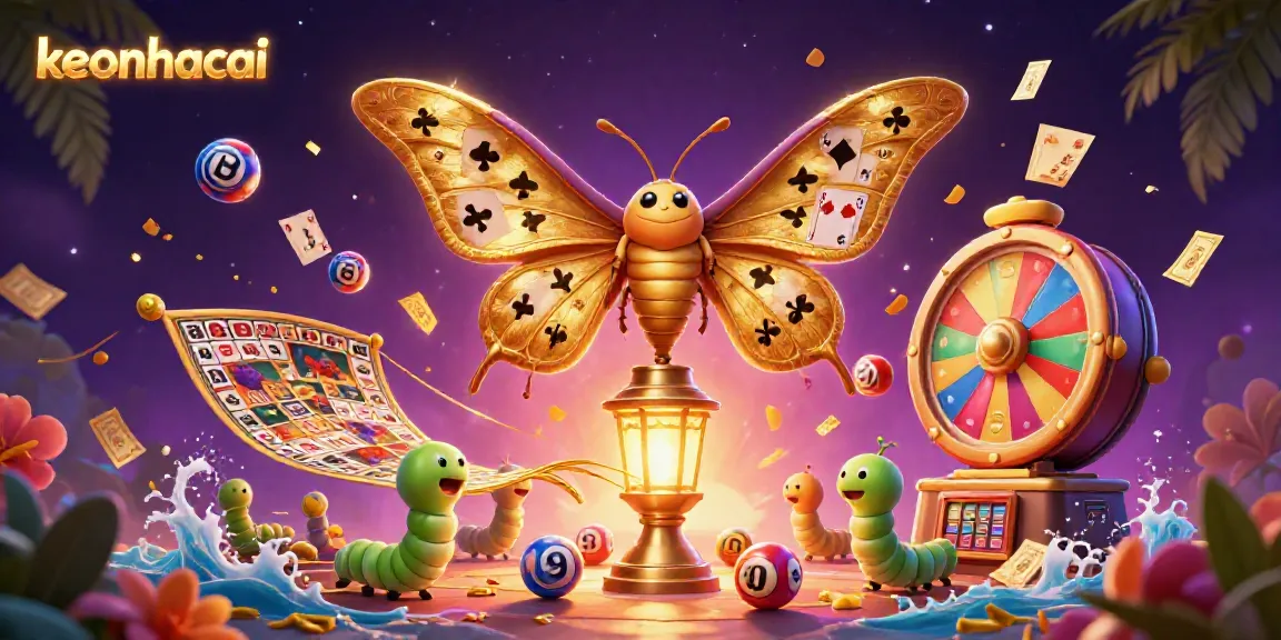 Engage with the keonhacai experience as vibrant lottery balls soar around a golden moth symbolizing luck.