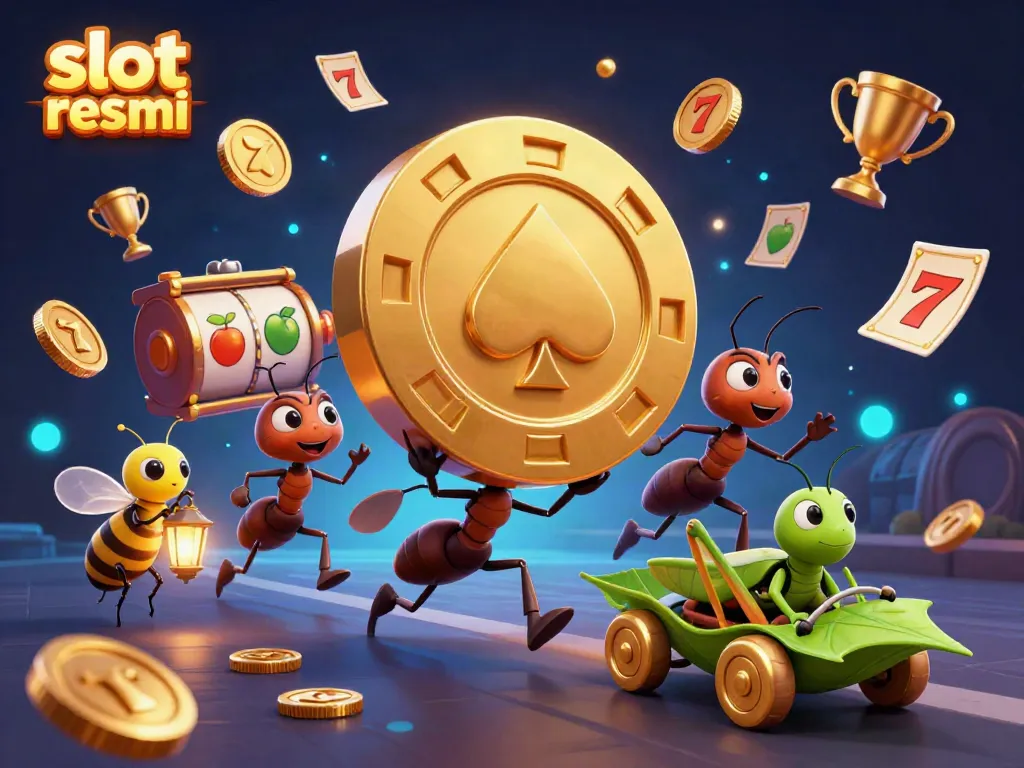 Slot resmi heist scene with cartoon ants carrying a giant poker chip, vibrant casino elements.