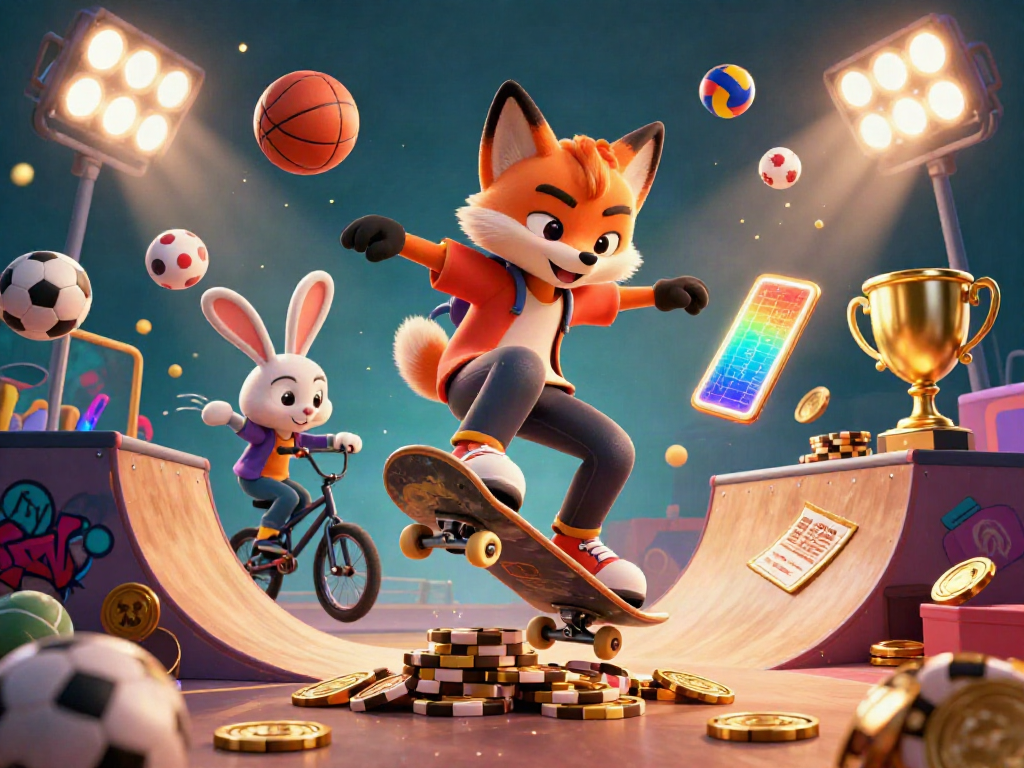 Catch the thrilling action of nbet with a cartoon fox skateboarder and BMX rabbit in a vibrant casino-themed illustration.