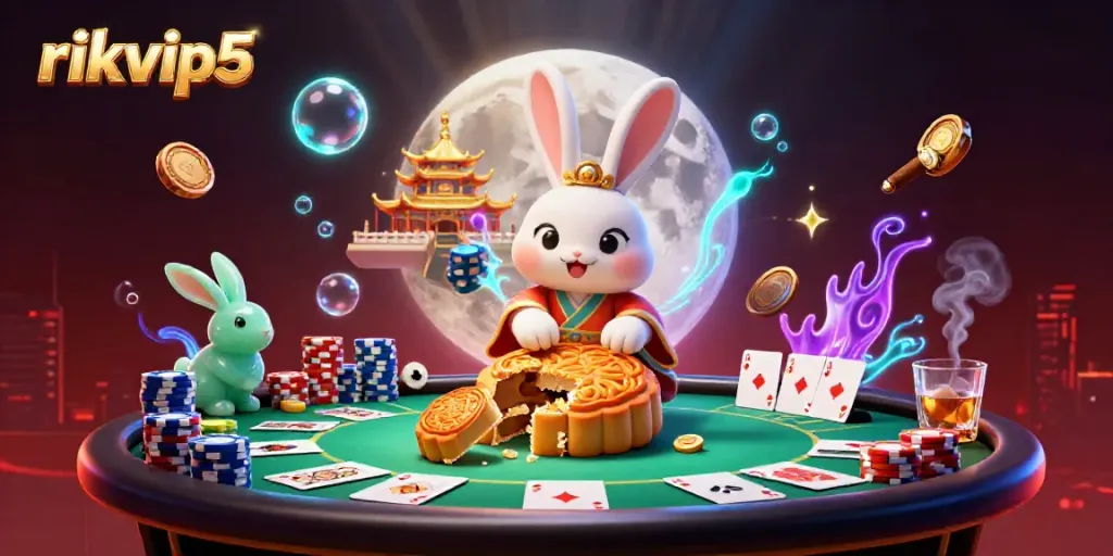 Experience the thrill of rikvip5 with a vibrant 3D illustration of fantasy casino elements on the moon.