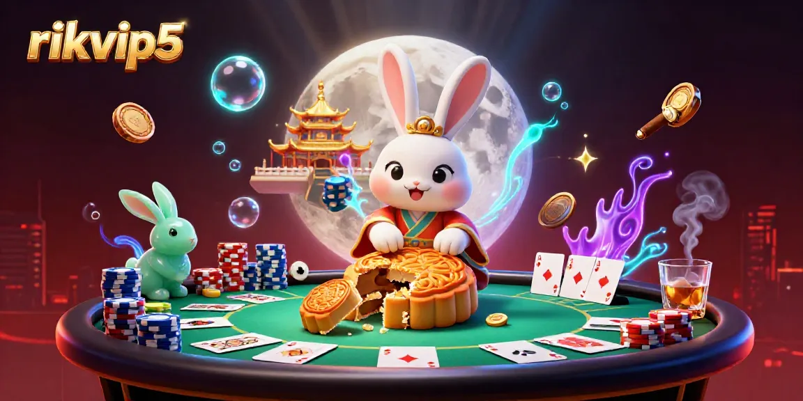 Experience the thrill of rikvip5 with a vibrant 3D illustration of fantasy casino elements on the moon.