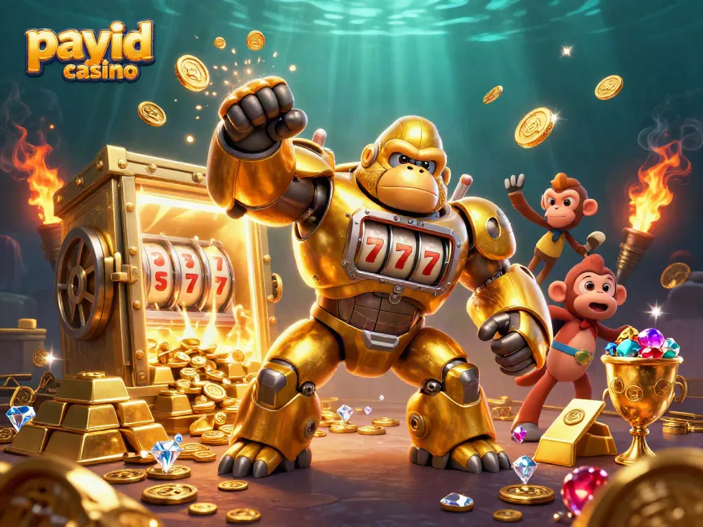 Experience the excitement of payid casino with a golden mech and sparkling treasures.