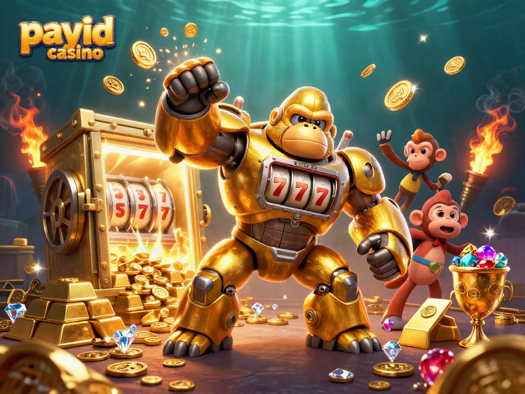 Experience the excitement of payid casino with a golden mech and sparkling treasures.
