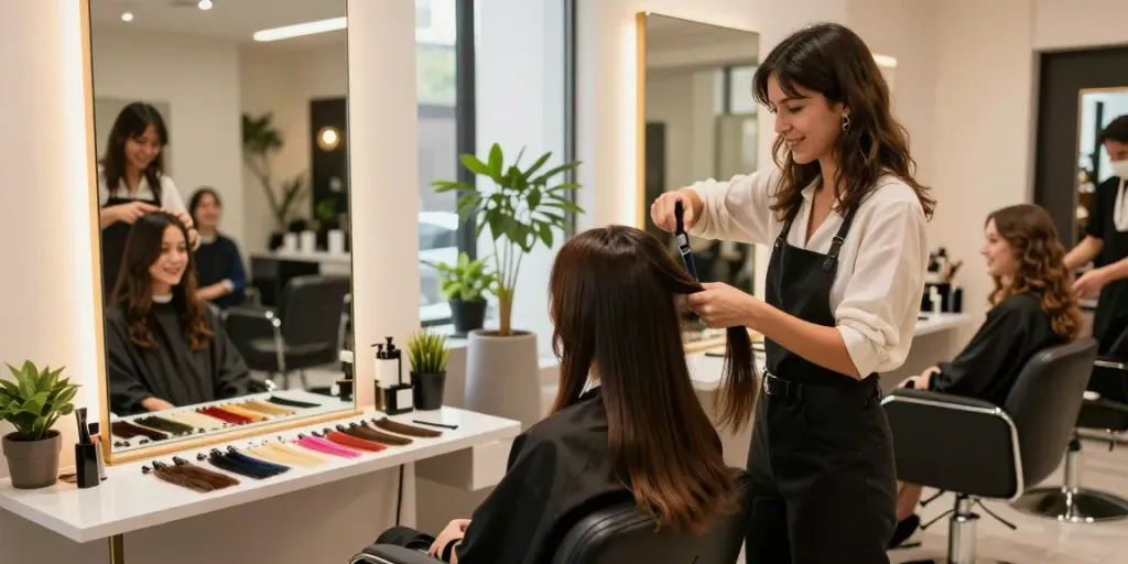 Client receiving hair extensions and accessories at a stylish salon.
