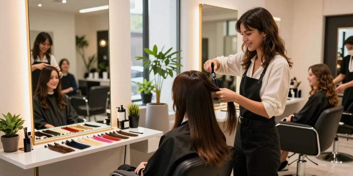 Client receiving hair extensions and accessories at a stylish salon.