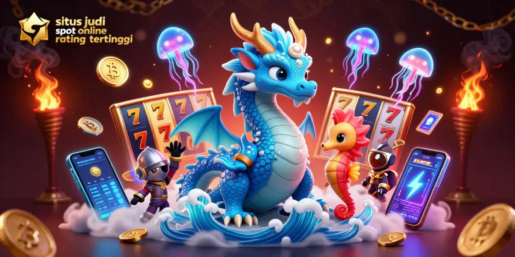 Win on situs judi slot online rating tertinggi with an energetic scene of a water dragon, seahorse knight, and slot reels.