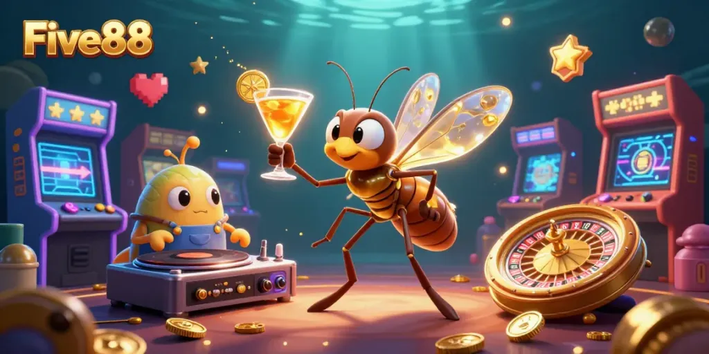 Experience gaming excitement with Five88's vibrant casino scene featuring unique characters and dynamic elements.