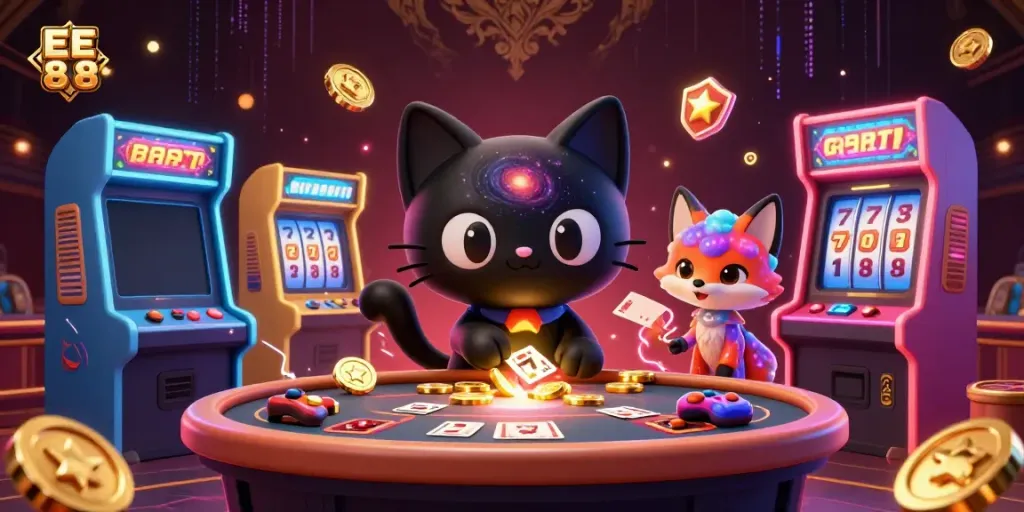 Experience EE 8 8 thrills with a cosmic casino scene featuring a black hole cat and nebula fox capturing winning moments.