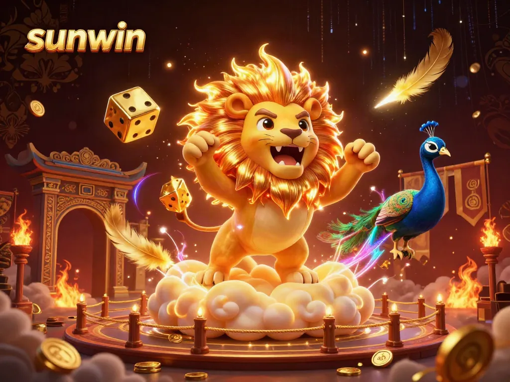 Experience the thrill of sunwin as the roaring sun lion triumphs amidst golden dice and vibrant casino elements.