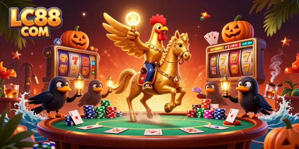 Experience thrilling gameplay with LC88 COM's vibrant casino scene featuring a unique golden rooster character.