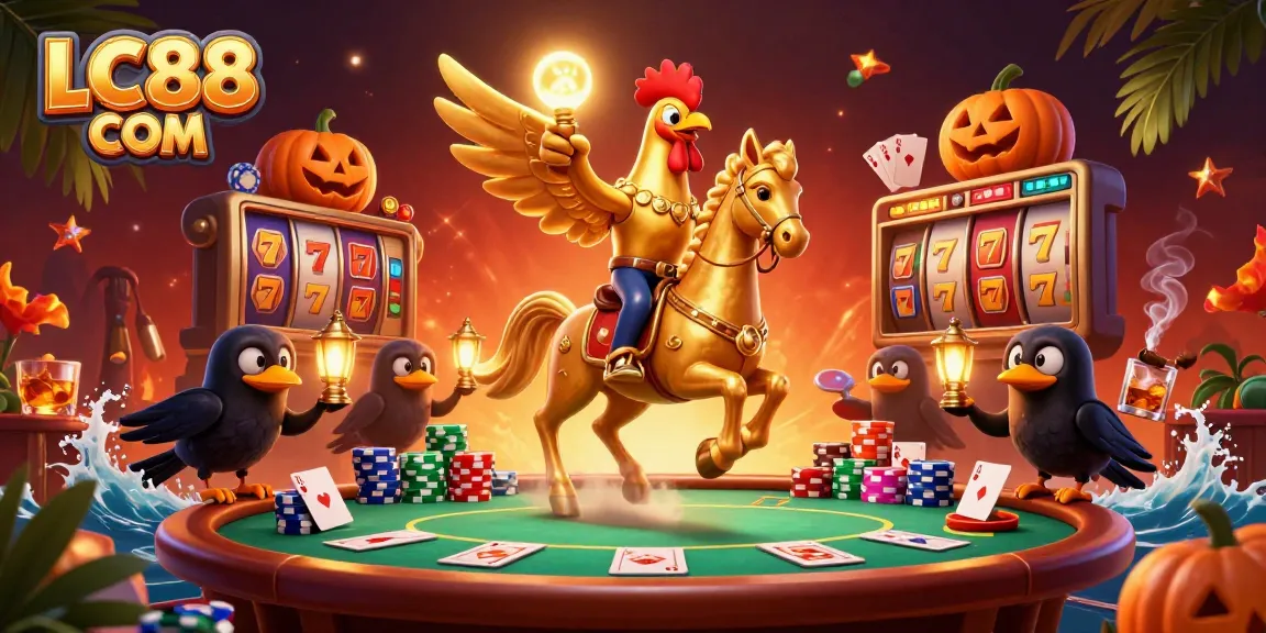 Experience thrilling gameplay with LC88 COM's vibrant casino scene featuring a unique golden rooster character.