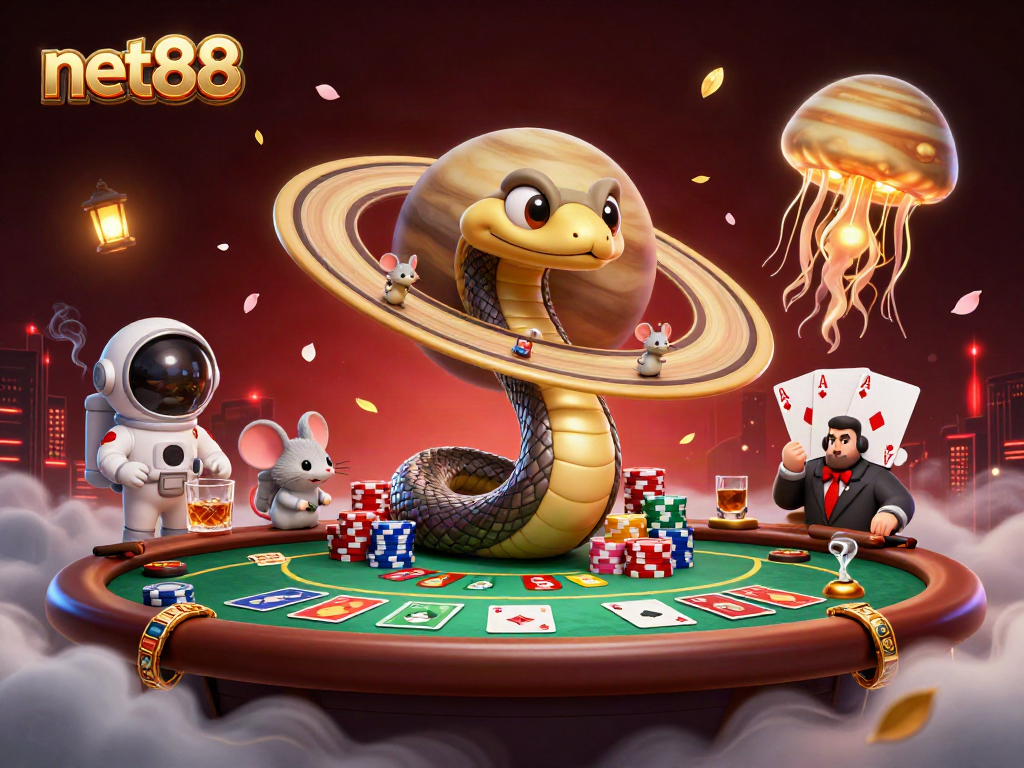 Bettors engage with net88's thrilling casino atmosphere, featuring cosmic characters and dynamic poker action.