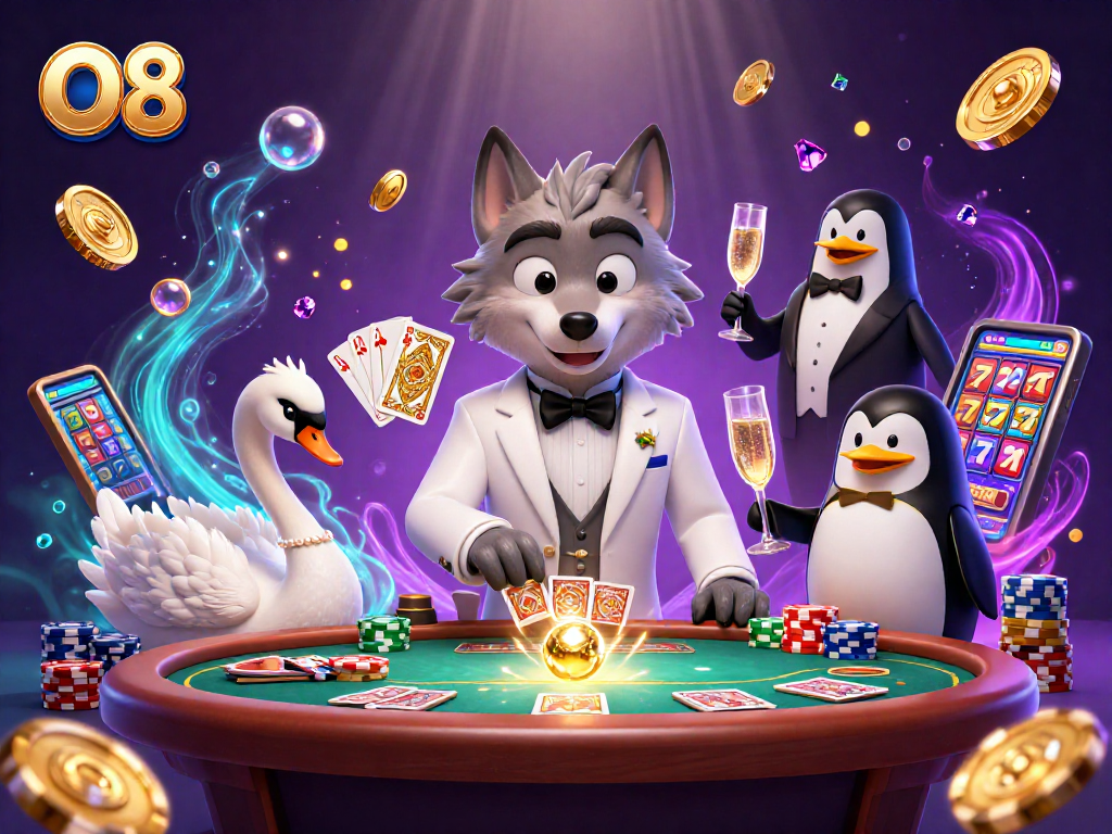 Experience O8's vibrant casino action with a wolf, swan, and penguin amidst sparkling treasures.